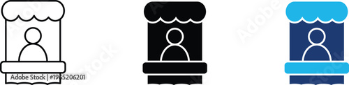 Information desk icon showing professional service booth for customer assistance. Professional illustration for help center kiosks, ticket counter services, and reception desk stations.