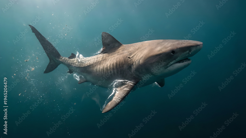 Obraz premium Majestic shark gliding beneath the ocean’s serene blue waters