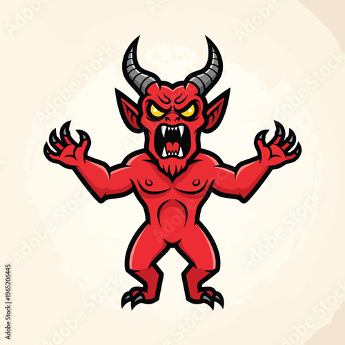 A cartoonish, angry red demon with yellow eyes, horns, sharp claws, and an open mouth. It has a muscular build and a menacing expression