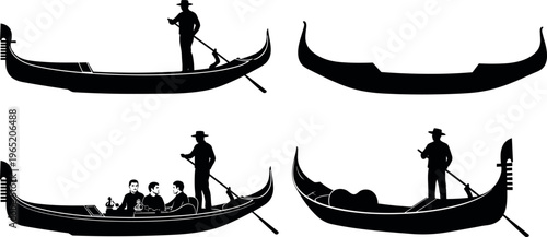 Venetian gondola silhouette set with gondolier rowing traditional wooden boat and tourists enjoying a romantic canal tour in Venice Italy