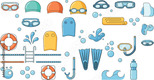 Professional Swimming and Water Sports Equipment Vector Set Featuring Goggles Swim Caps Flippers Snorkel and Pool Accessories for Aquatic Designs