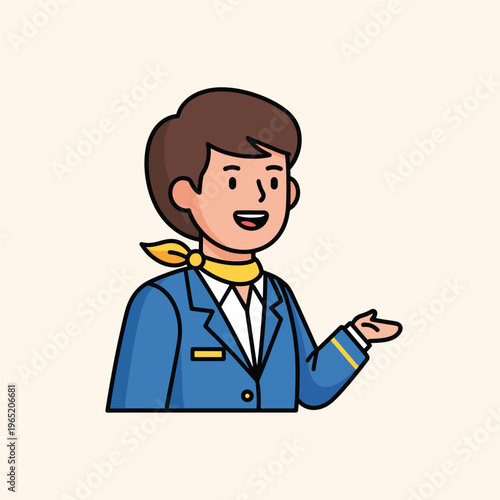 A cartoon steward, presenting something with their hand. The steward has brown hair and is wearing a blue jacket with a yellow scarf and a white shirt