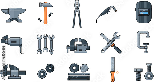 Professional Metalworking and Welding Tools Vector Set Featuring Anvil Vise Welding Mask Angle Grinder Hammer and Workshop Equipment for Industrial Designs