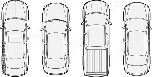 Car top view outline collection, vehicle blueprint design set, automobile transport illustration, modern sedan and pickup isolated line drawing