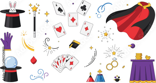 Professional Magic Show Vector Set Featuring Magician Top Hat with Rabbit Magic Wand Playing Cards Cape and Illusionist Equipment for Entertainment Designs