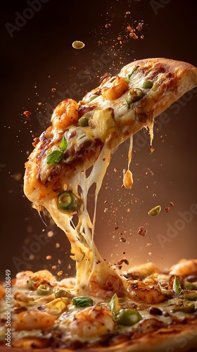 Delicious pizza slice with gooey cheese and shrimp toppings