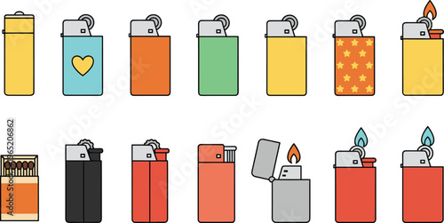 Cigarette lighter collection set, gas lighters matches flame fire ignition tools, smoking accessories vector illustration pack design