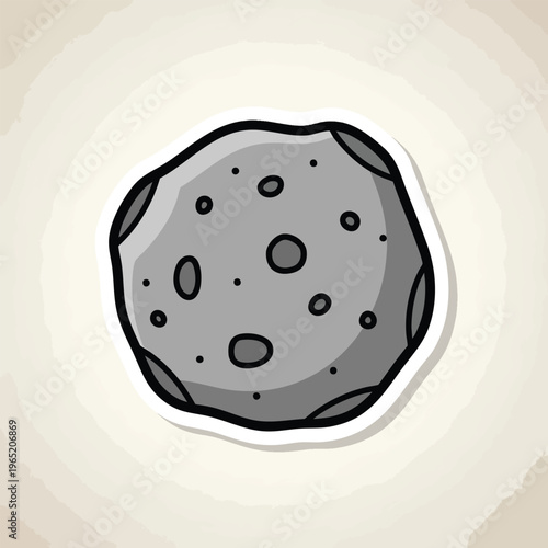 A cartoonish grey asteroid in a sticker style. It has various circular depressions/craters and a black outline with a white border