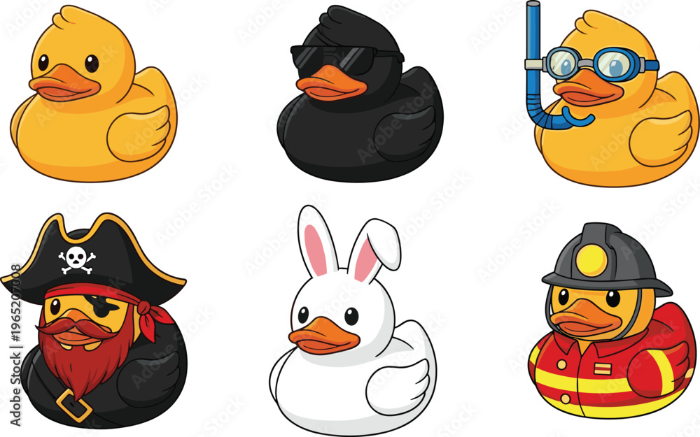 Fototapeta premium Cute rubber duck character set, funny animal costumes collection pirate firefighter diver, cartoon toy illustration, kids playful mascot