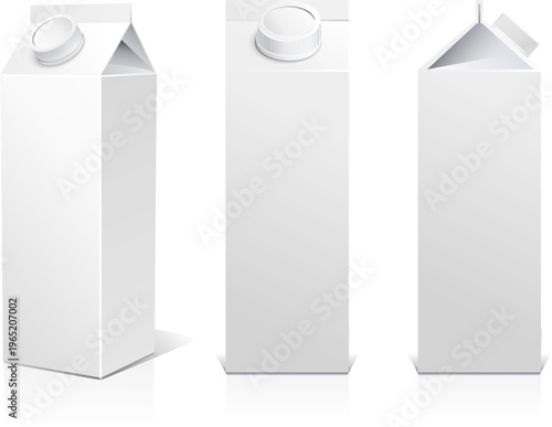 Vector white 3D blank paperboard box food packaging. Vector mock-up milk or juice carton set. Gable top and brick shaped carton packs. Cardboard container side and front