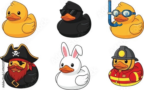 Cute rubber duck character set, funny animal costumes collection pirate firefighter diver, cartoon toy illustration, kids playful mascot