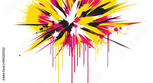 Modern vector illustration of bold street art composition featuring paint drip effects, expressive spray patterns, and saturated yellow and pink palette