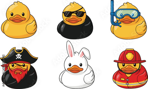 Cute rubber duck characters collection, funny animal costumes set pirate firefighter diver, cartoon toy illustration, kids playful design