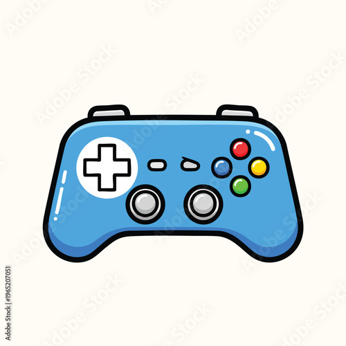 A cartoon-style illustration of a blue controller, featuring a directional pad, buttons, and joysticks. The design includes a glossy finish