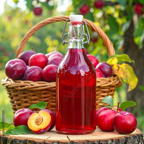 A glass bottle of red liquid on a tree stump with plums (2)