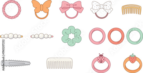 Hair accessories collection colorful scrunchies clips bands, cute fashion items for girls, beauty styling tools set, isolated vector illustration
