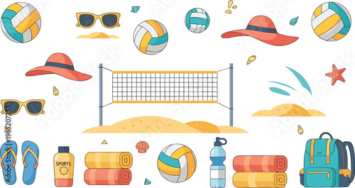 Professional Beach Volleyball and Summer Recreation Vector Set Featuring Volleyball Net Balls Sun Hats Sunglasses and Beach Accessories for Sports Designs