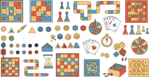 Professional Board Game and Tabletop Accessories Vector Set Featuring Colorful Game Boards Pawns Dice Spinners and Playing Cards for Family Fun Designs