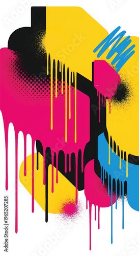 Modern vector illustration of bold street art composition featuring paint drip effects, expressive spray patterns, and saturated yellow and pink palette