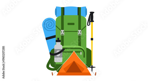 Hiking backpack with trekking poles.