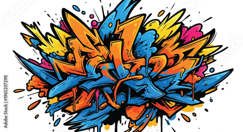Modern vector illustration of dynamic graffiti paint storm featuring layered splashes, strong black outlines, and bright orange and blue contrast