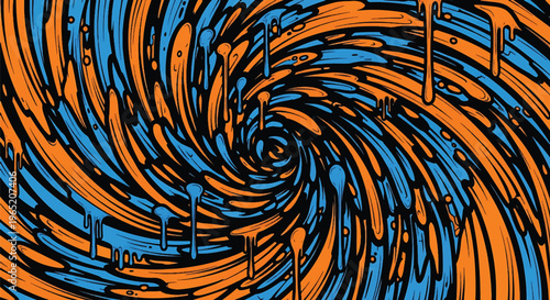 Modern vector illustration of dynamic graffiti paint storm featuring layered splashes, strong black outlines, and bright orange and blue contrast