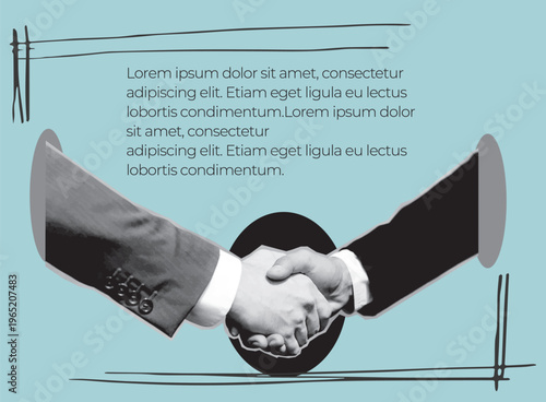 Trendy Halftone Collage with Human Hands Shaking. Contemporary art collage