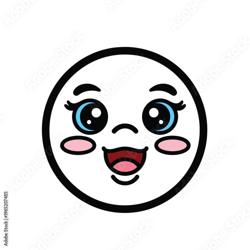 A cartoon-style illustration of a happy face with a white background. Features black outline, big eyes with blue irises and eyelashes. It is smiling and pink cheeks