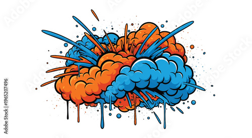 Modern vector illustration of dynamic graffiti paint storm featuring layered splashes, strong black outlines, and bright orange and blue contrast