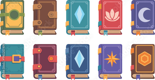 Magic spell books collection, fantasy enchanted tomes set with symbols icons, wizard library illustration, mystical education concept vector