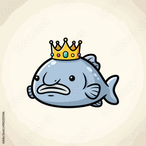 A cartoonish, grumpy-faced fish wearing a gold crown with jewels. It's set against a beige, textured background. The art style is cute and bold