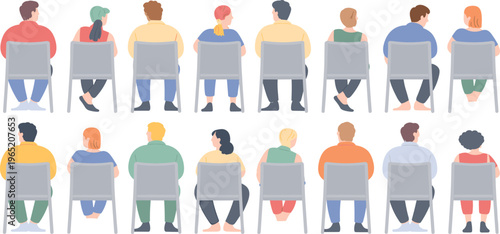 People sitting on chairs back view set, men and women audience collection, casual lifestyle illustration, diverse human poses