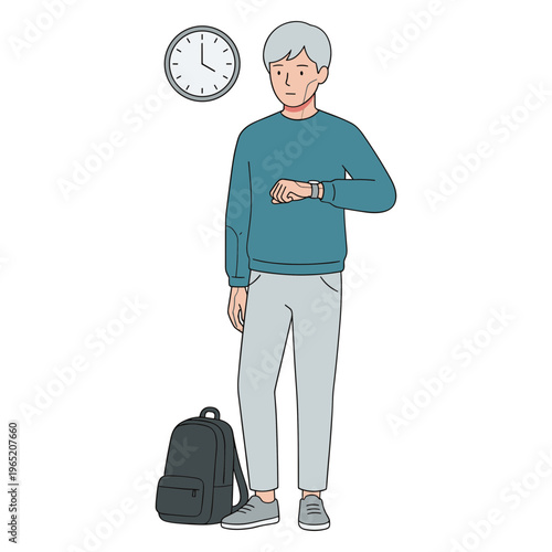 A man checks his watch standing next to a backpack under a clock.