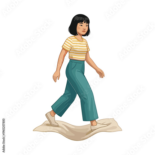 A young woman walks on a beige fabric sheet outdoors with a carefree expression.