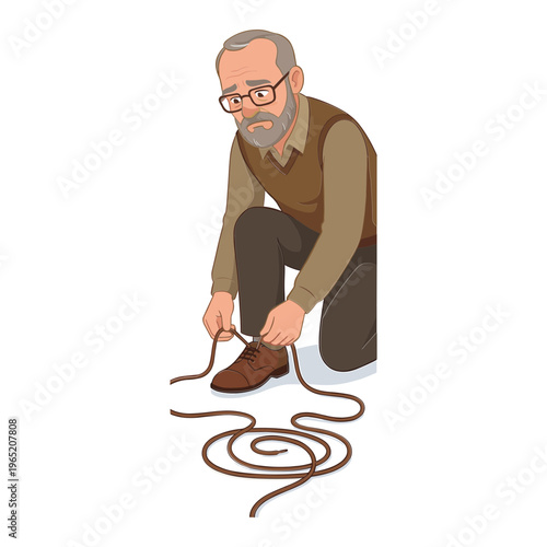 An elderly man is tying his shoe laces on the ground.