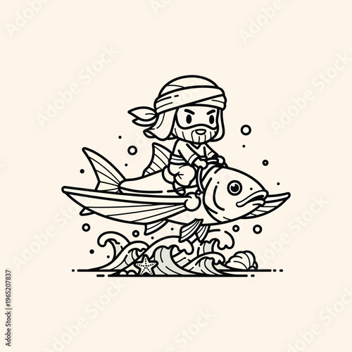 A cartoonish bearded figure wearing a headscarf rides atop a large fish. Waves, bubbles, and a starfish add detail. It is a whimsical illustration