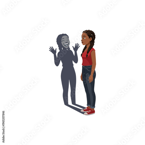 A young woman faces her shadow self in a moment of introspection indoors.