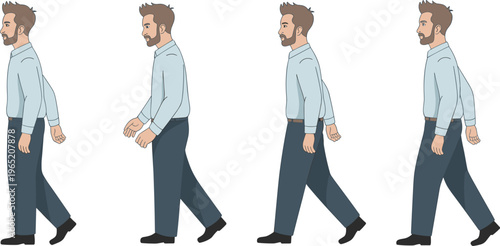 Side view walking man animation sequence showing male character motion steps in casual outfit, smooth gait cycle illustration isolated on background