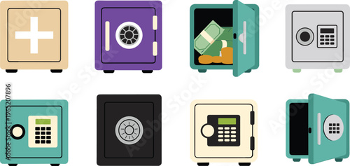 Security safe box collection, vault lockers with keypad and money storage set, banking protection illustration, secure finance concept vector