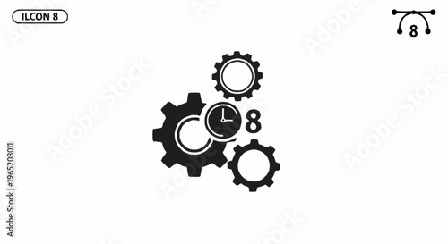 Black gear icons with clock and number.