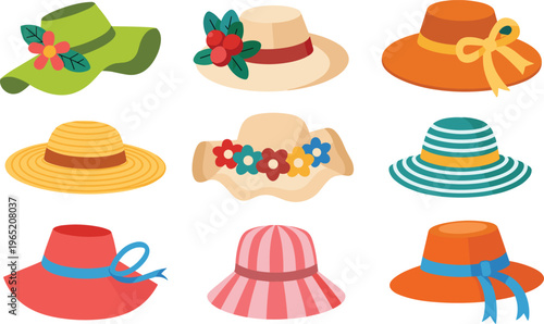 Summer hats collection, women fashion sun hats set with ribbon flowers design, beach accessories illustration, stylish headwear vector