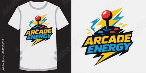 Arcade energy gaming tshirt design with retro joystick and lightning on white background.