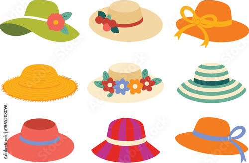 Summer sun hats collection, women beach fashion hats set with ribbon flowers design, vacation accessories illustration, stylish headwear