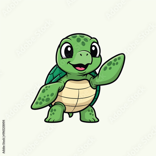A cartoon-style illustration of a happy green turtle with a cream-colored belly and a friendly smile, waving one flipper