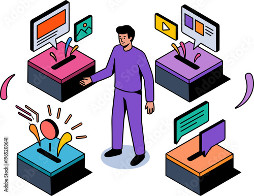 Man standing among four colorful desks with computers and screens displaying various emotions