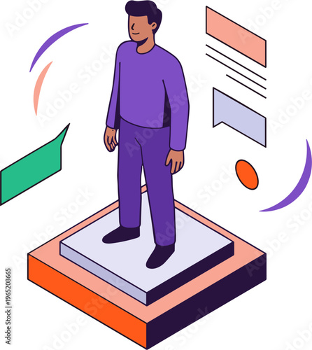 A man in purple clothes stands on a square platform with floating rectangles.