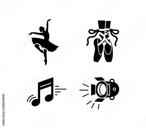Elegant vector icon collection representing performing arts and ballet, featuring a graceful dancer, classic pointe shoes, a musical note, and a stage spotlight, perfect for creative projects