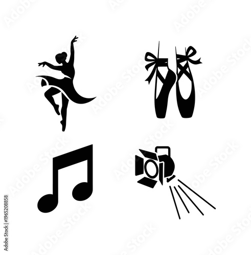 Black silhouette icons of performing arts elements graceful ballet dancer, classic pointe shoes, expressive musical note, and illuminating stage spotlight for creative projects