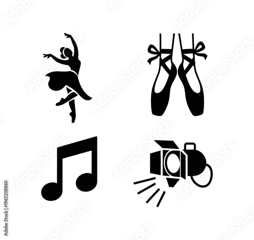 Set of black silhouette icons representing performing arts graceful ballerina, elegant ballet pointe shoes, musical note, and powerful stage spotlight, perfect for artistic design