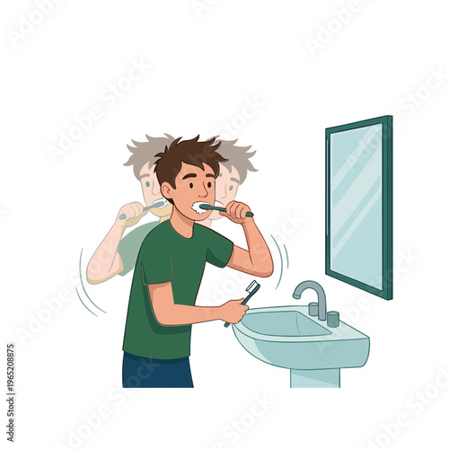 Man brushing teeth in bathroom with reflection